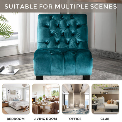 Button-Tufted Velvet Armless Accent Chair — teal back and room-placement collage