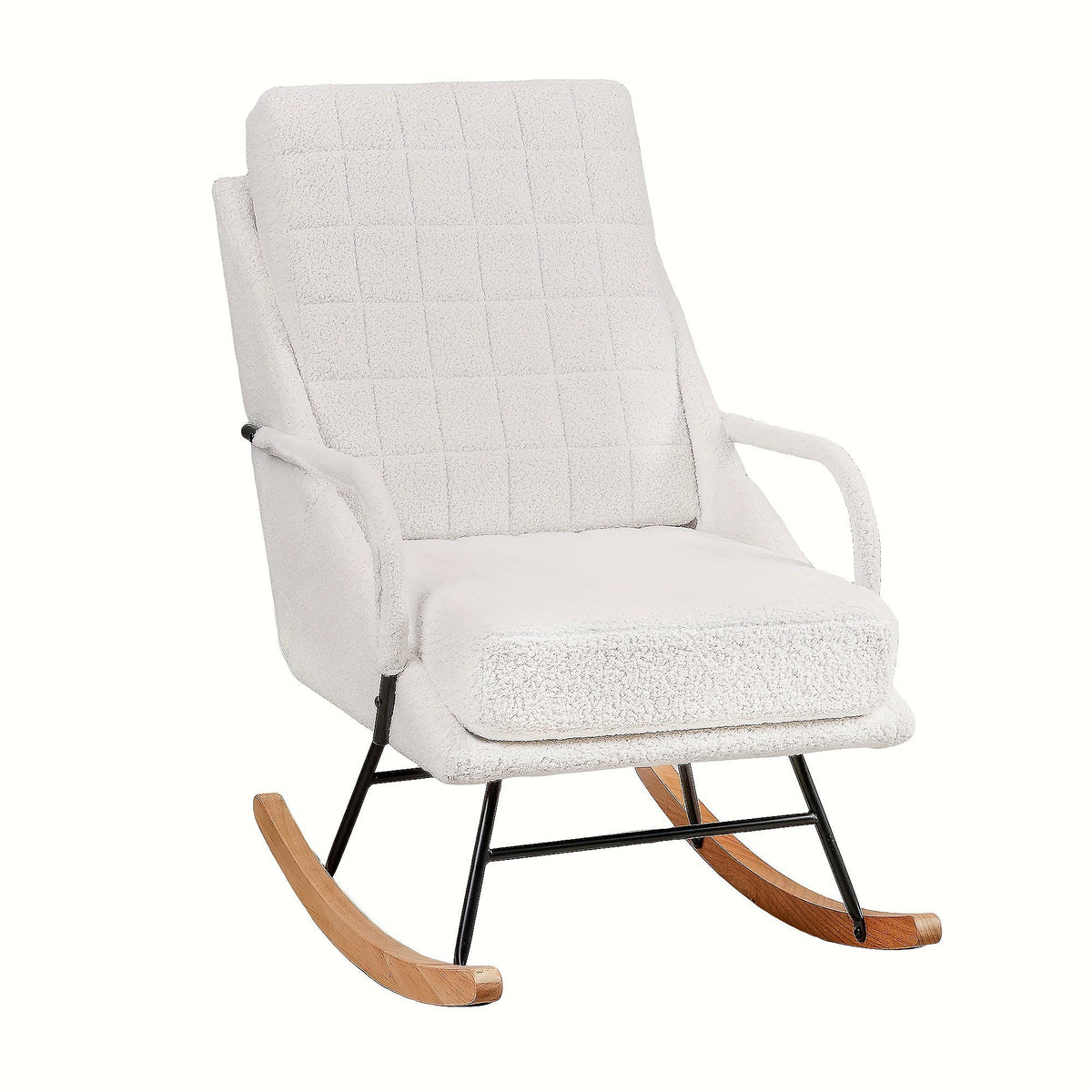 White high back grid stitched rocking chair with wood runners and a black metal support frame