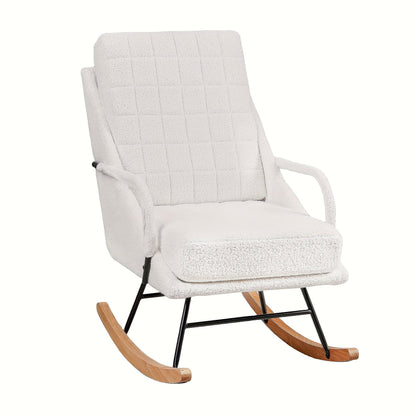 White high back grid stitched rocking chair with wood runners and a black metal support frame