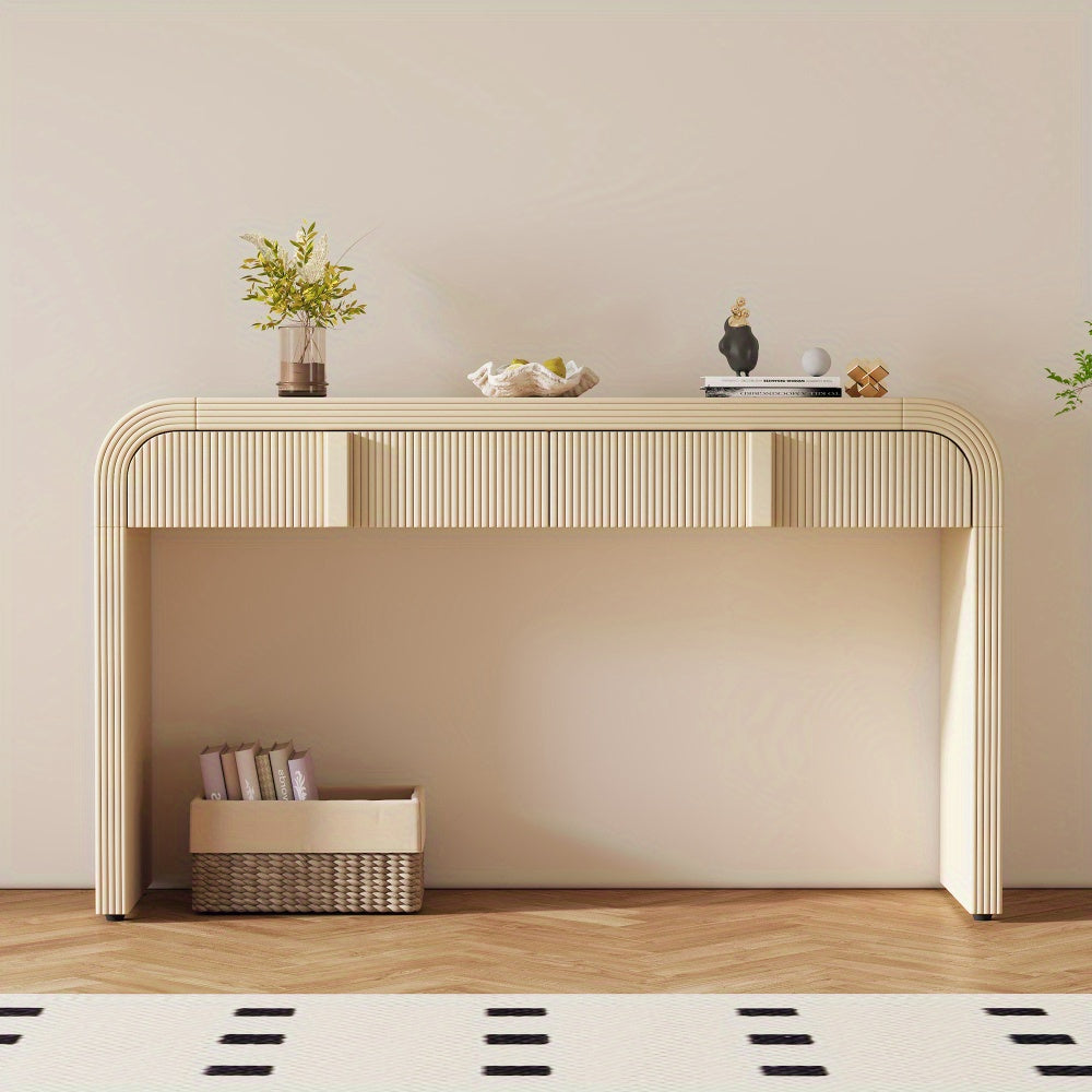 Front view of the Apricot Cream console with rounded corners and grooved drawer fronts.