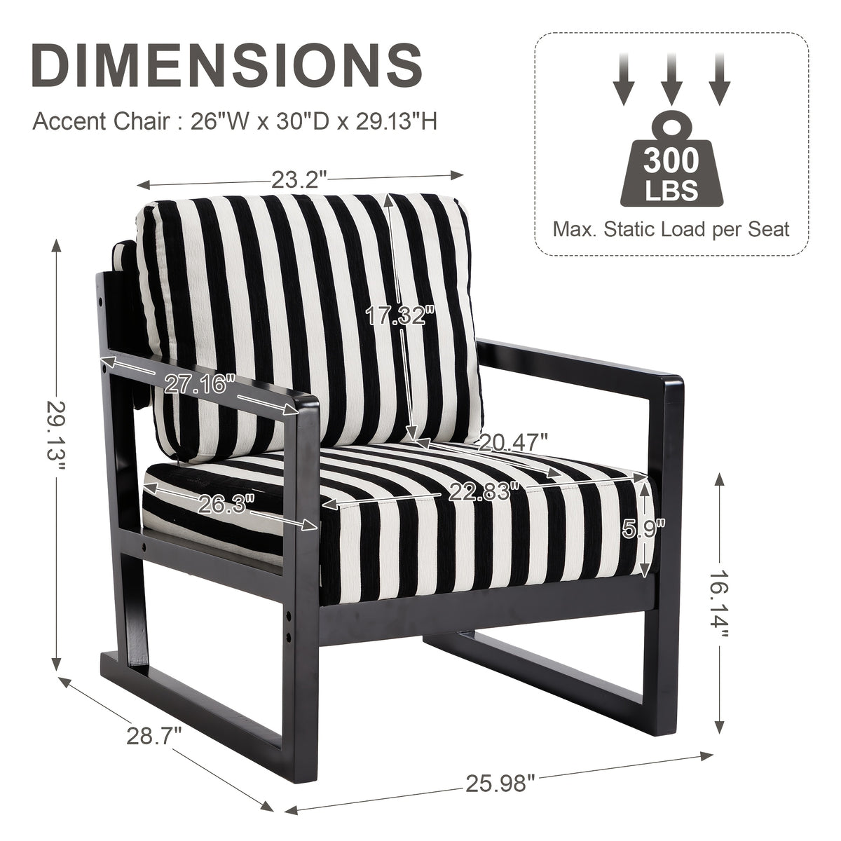 Black and White Striped Wood-Frame Lounge Chair — chair dimensions diagram