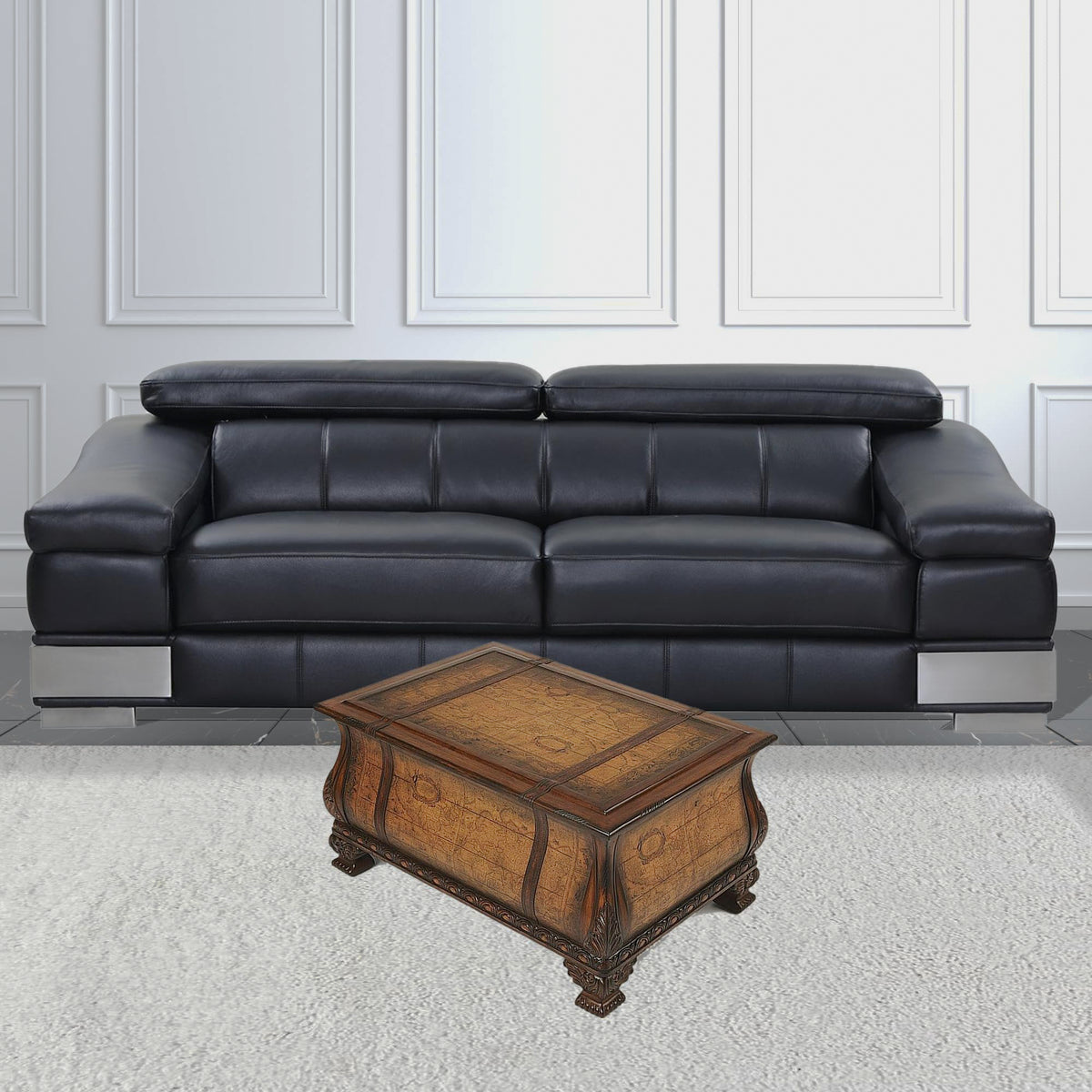 Map-print coffee table staged before a black sofa