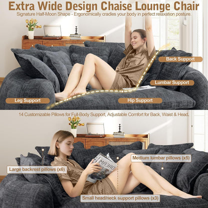 Oversized Round Chenille Lounge Sofa — dark grey lounging and pillow arrangement.