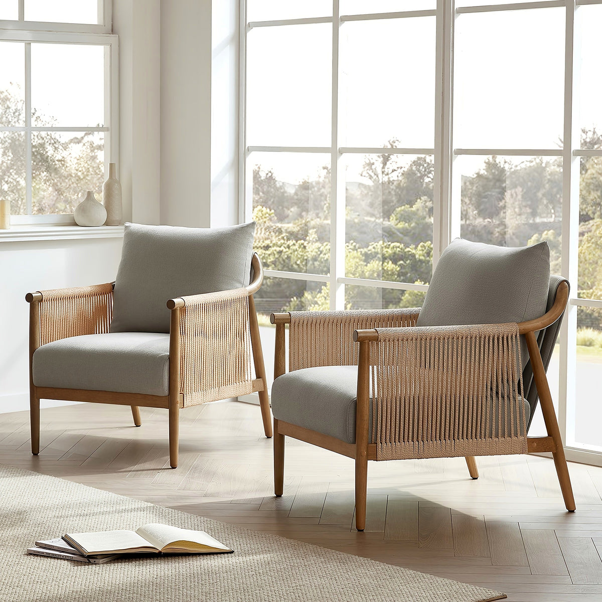 Wood frame accent chair with braided paper cord sides and a light gray cushion