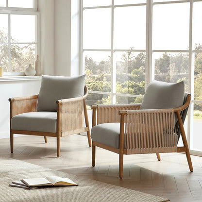 Wood frame accent chair with braided paper cord sides and a light gray cushion