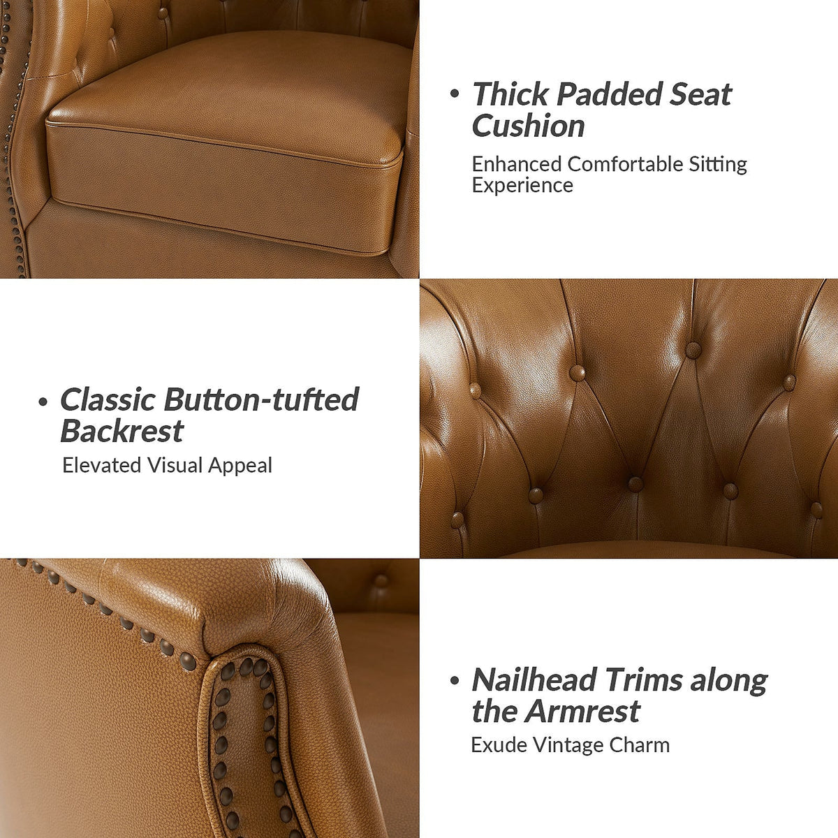 Camel genuine leather Chesterfield swivel rocking armchair with rolled arms