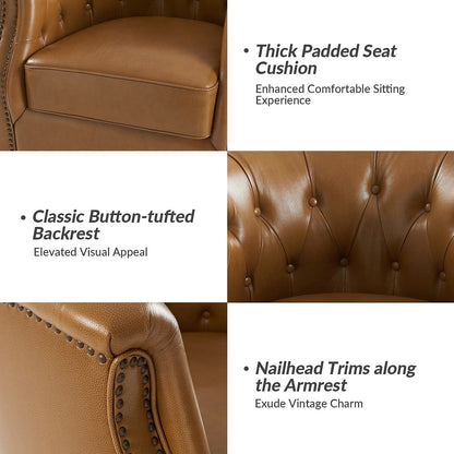 Camel genuine leather Chesterfield swivel rocking armchair with rolled arms