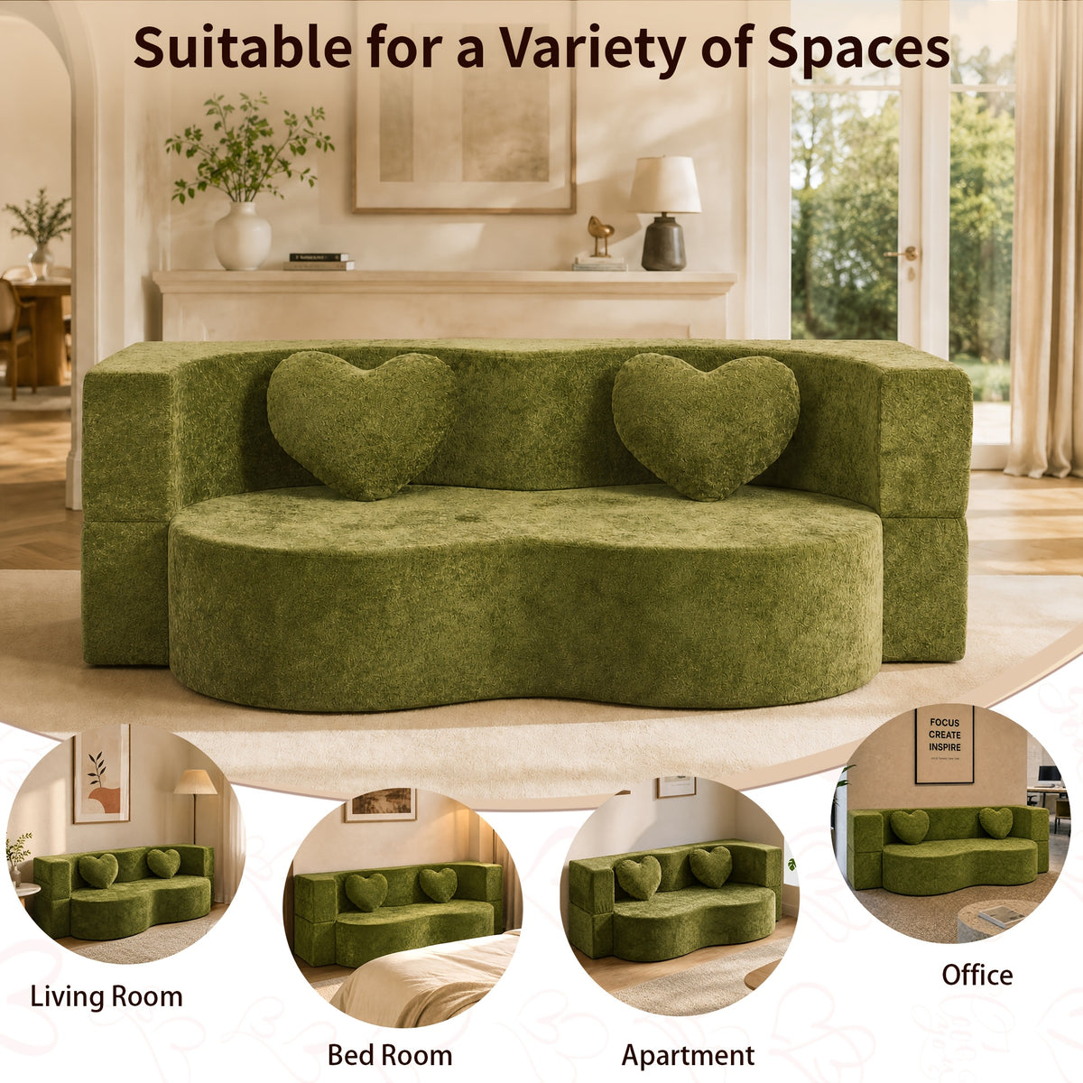 Olive green loveseat with illustrated living room, bedroom, apartment and office settings
