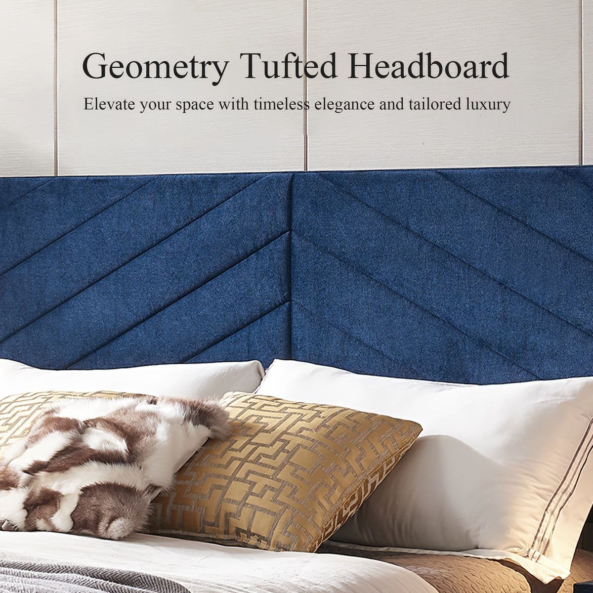 Feature image of the Royal Blue headboard's geometric upholstered panels