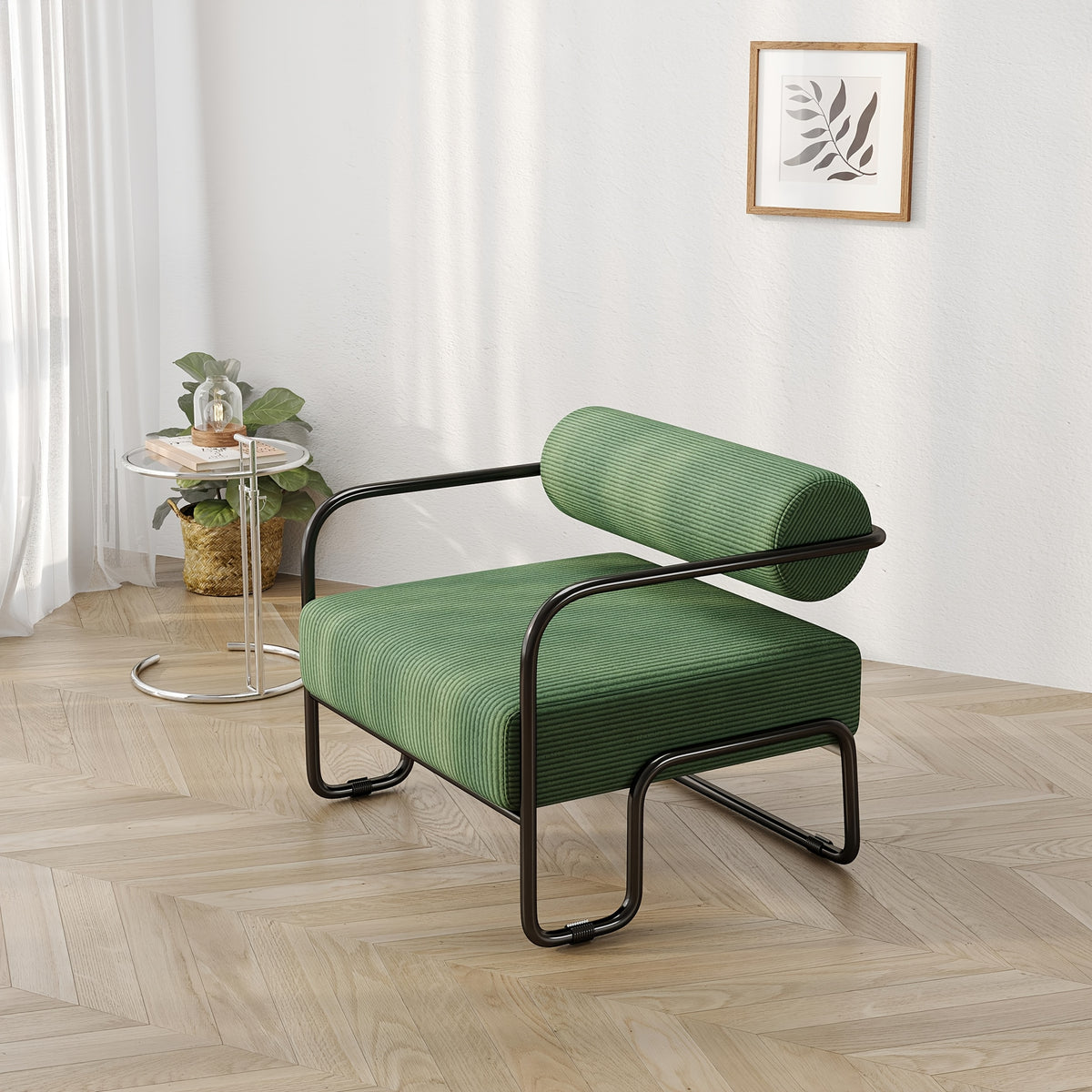 Green Ribbed Lounge Chair with Metal Frame — opposite three-quarter view of the green chair