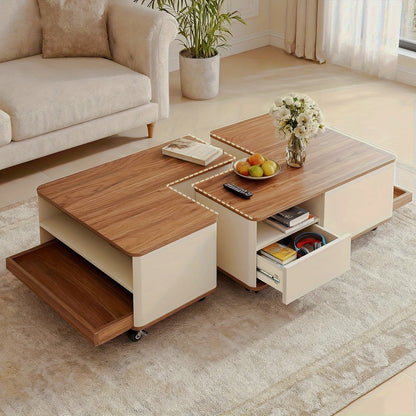 Beige and walnut-look storage coffee table with drawers open and caster wheels