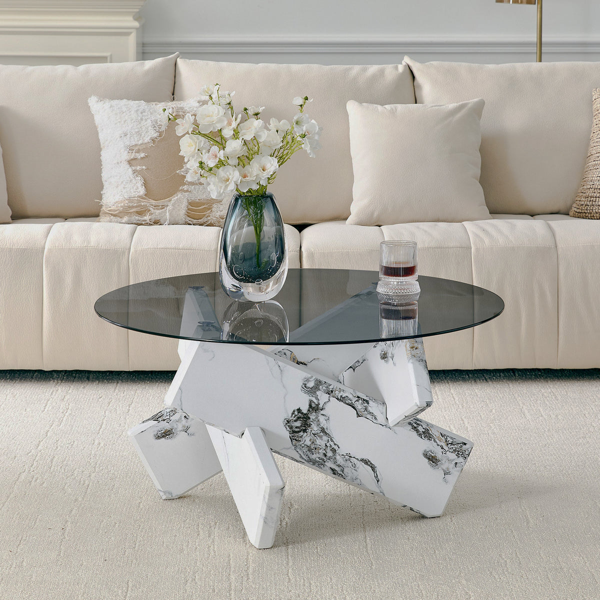 Smoked-glass cross-base table
