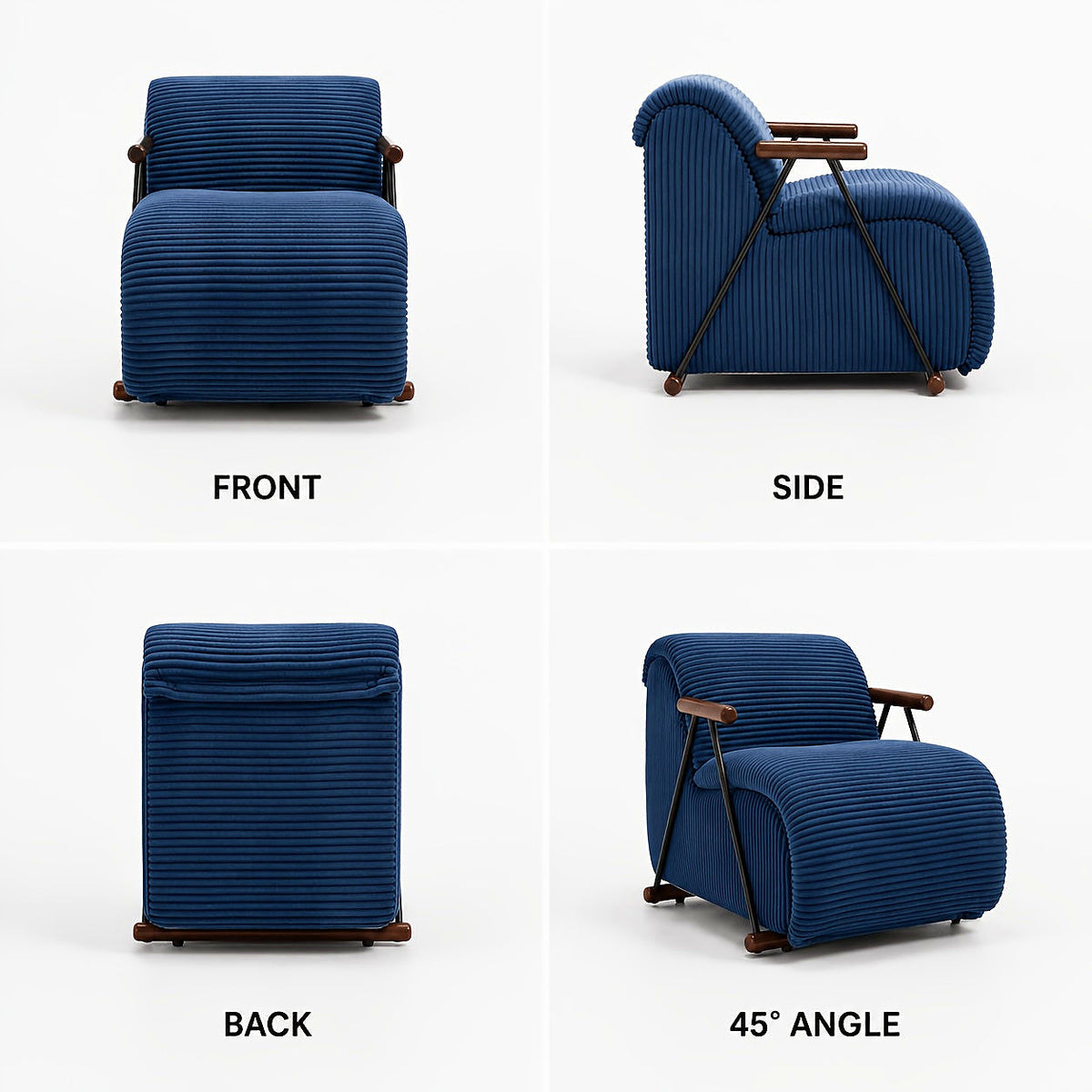 Navy wide corduroy lounge chair with wood arms and a black metal frame