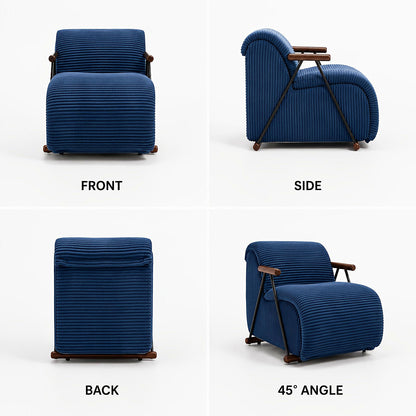 Navy wide corduroy lounge chair with wood arms and a black metal frame