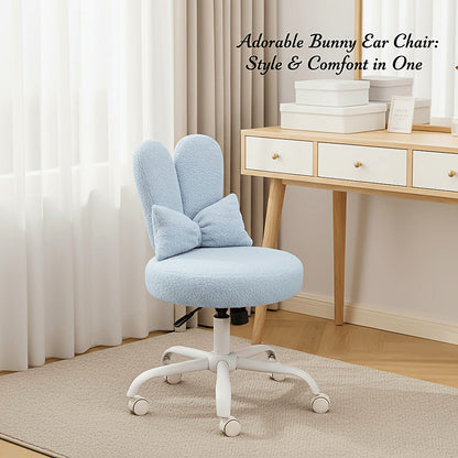 Light blue bunny ear vanity chair with a bow cushion and white rolling base