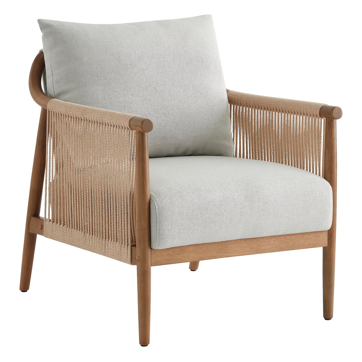 Wood frame accent chair with braided paper cord sides and a light gray cushion