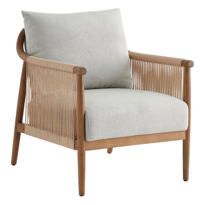 Wood frame accent chair with braided paper cord sides and a light gray cushion