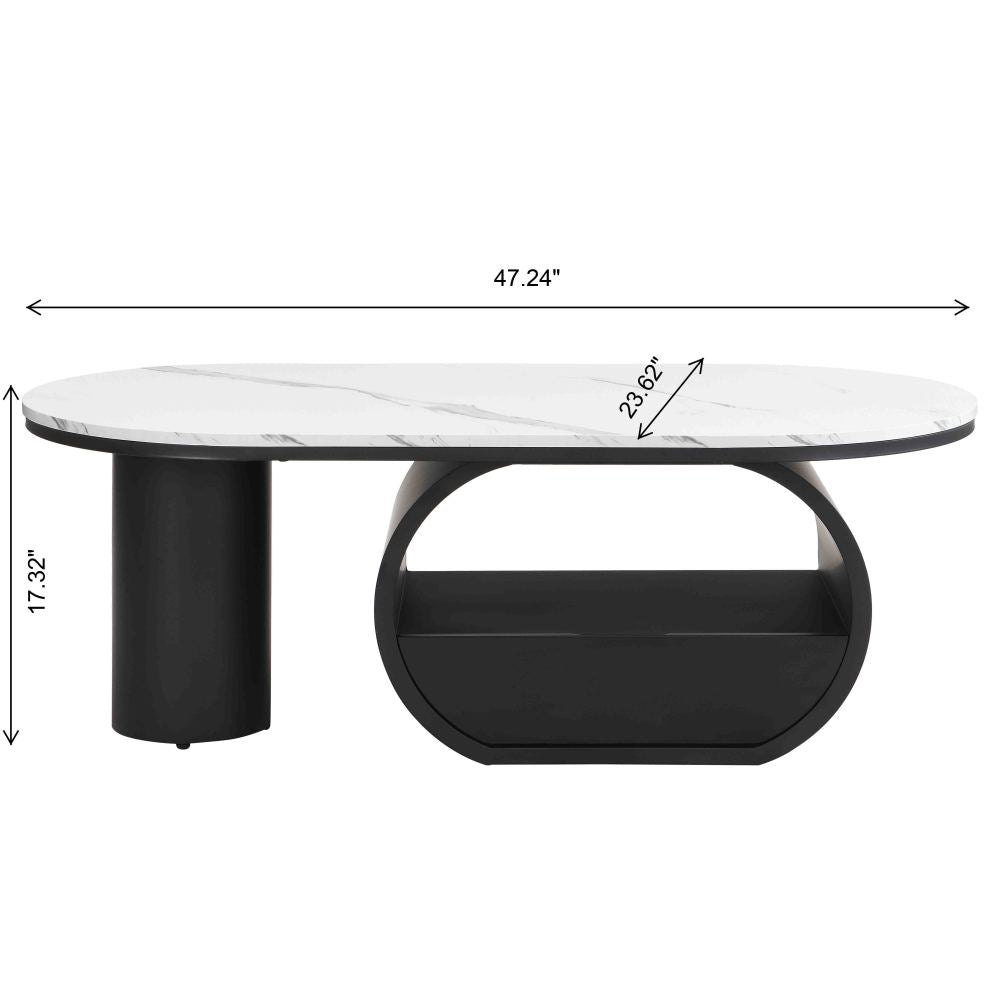 Dimension diagram of the oval storage coffee table