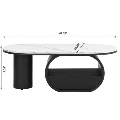 Dimension diagram of the oval storage coffee table