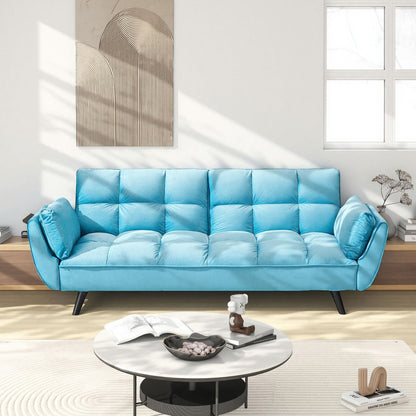 Blue Tufted Convertible Sofa — front view of blue tufted sofa.