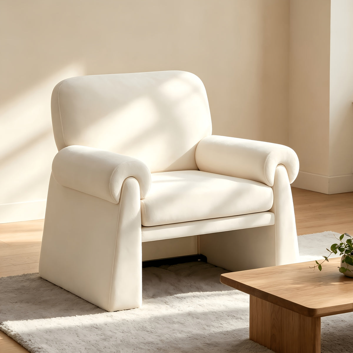 Rolled-Arm Chenille Accent Chair — angled view of the beige chair
