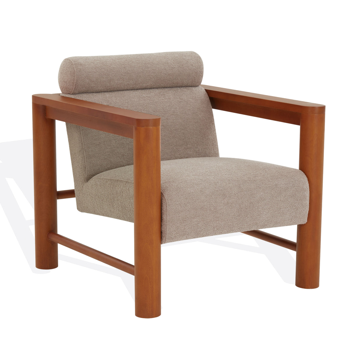 Nikolas Light Brown Bouclé Accent Chair — full three-quarter view of the light brown chair