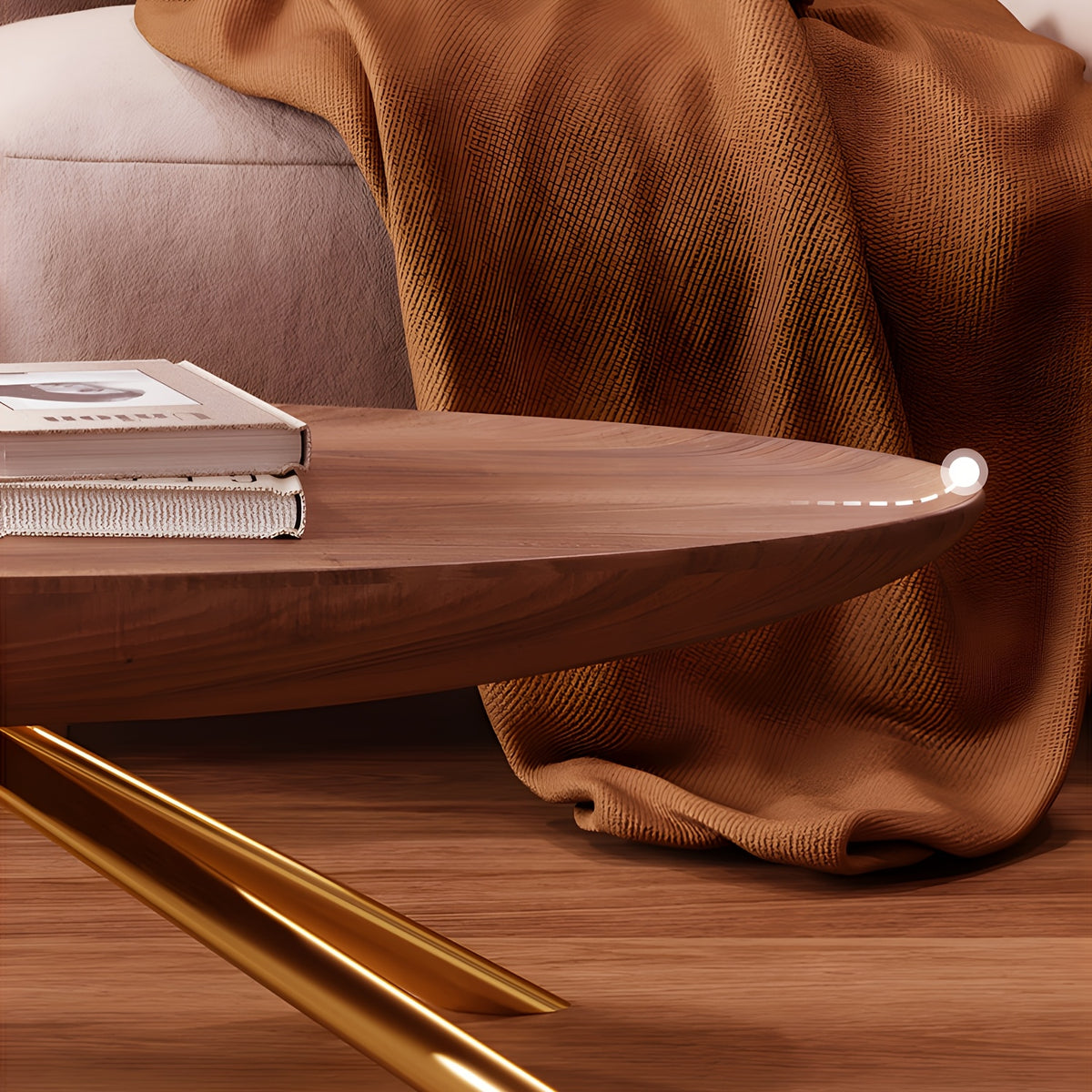 Wood-Look Oval Coffee Table with Crossed Gold-Tone Legs