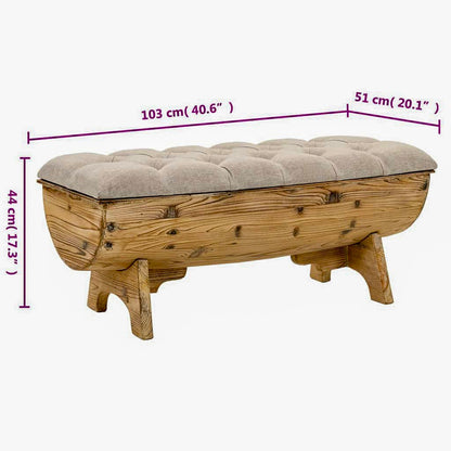 Measurement diagram of the rustic wood storage bench with a beige tufted seat.