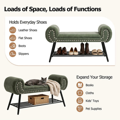 Green rolled arm upholstered shoe bench with a black metal rack and silver tone nailheads — lower shoe storage rack detail