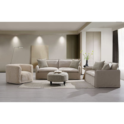 Beige Sofa, Loveseat and Swivel Chair Set — set in a contemporary room.
