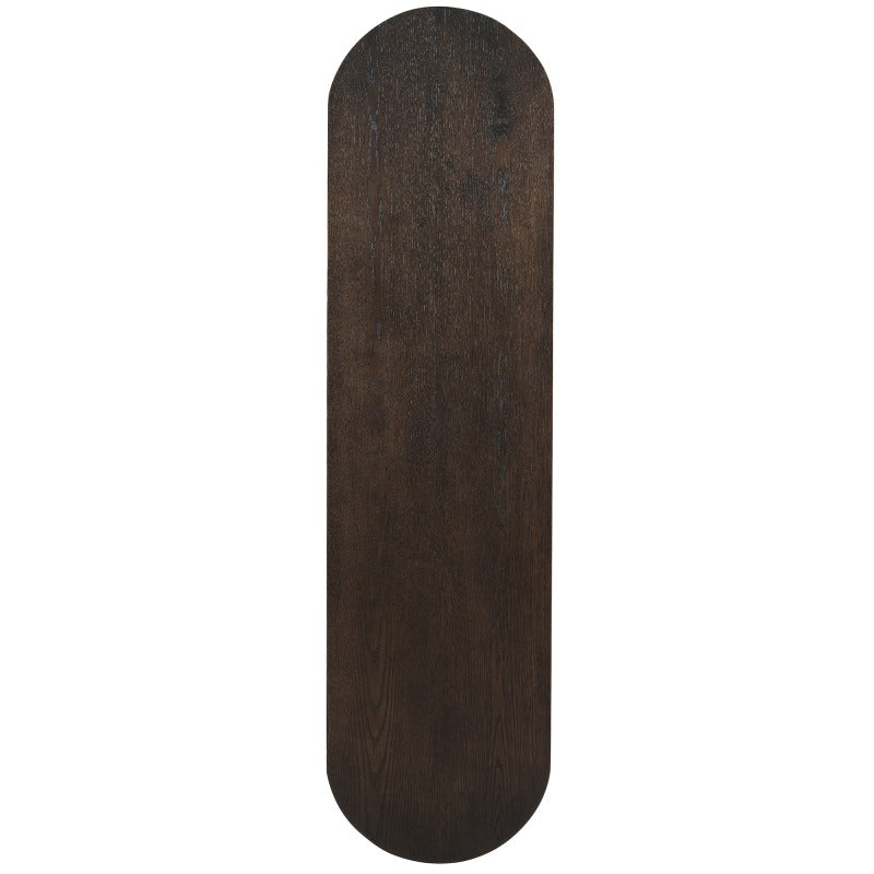 Overhead view of the espresso console oval tabletop and wood-grain finish