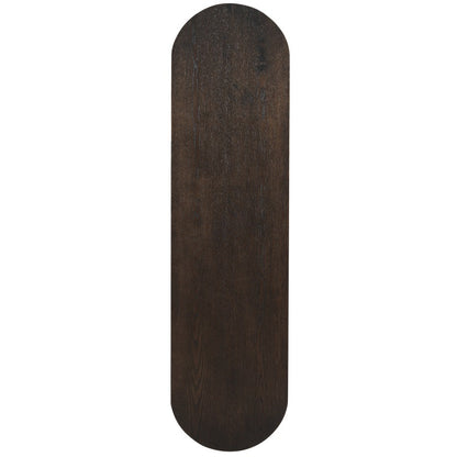 Overhead view of the espresso console oval tabletop and wood-grain finish