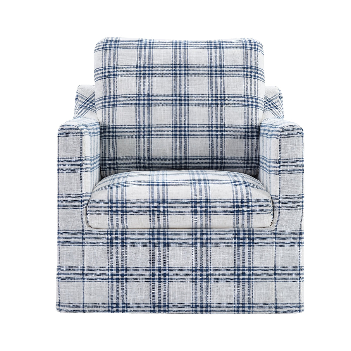 Plaid Swivel Accent Chair — front view of the blue plaid chair on white