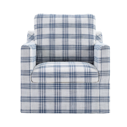 Plaid Swivel Accent Chair — front view of the blue plaid chair on white