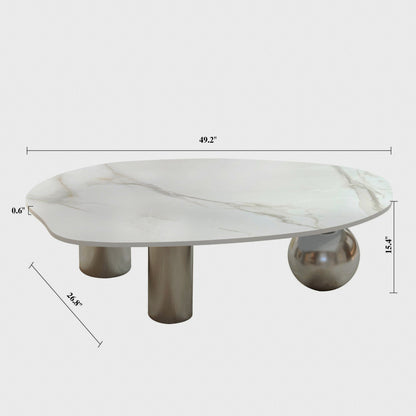 Dimension diagram of the freeform veined-top coffee table and metal-look legs