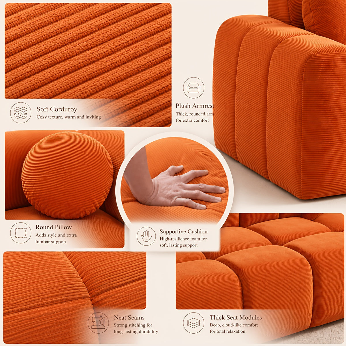 98-Inch Corduroy Low-Profile Sofa — corduroy, pillow, arm and seat detail collage