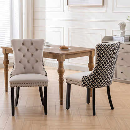 Beige velvet dining chair with a patterned back and dark wood legs