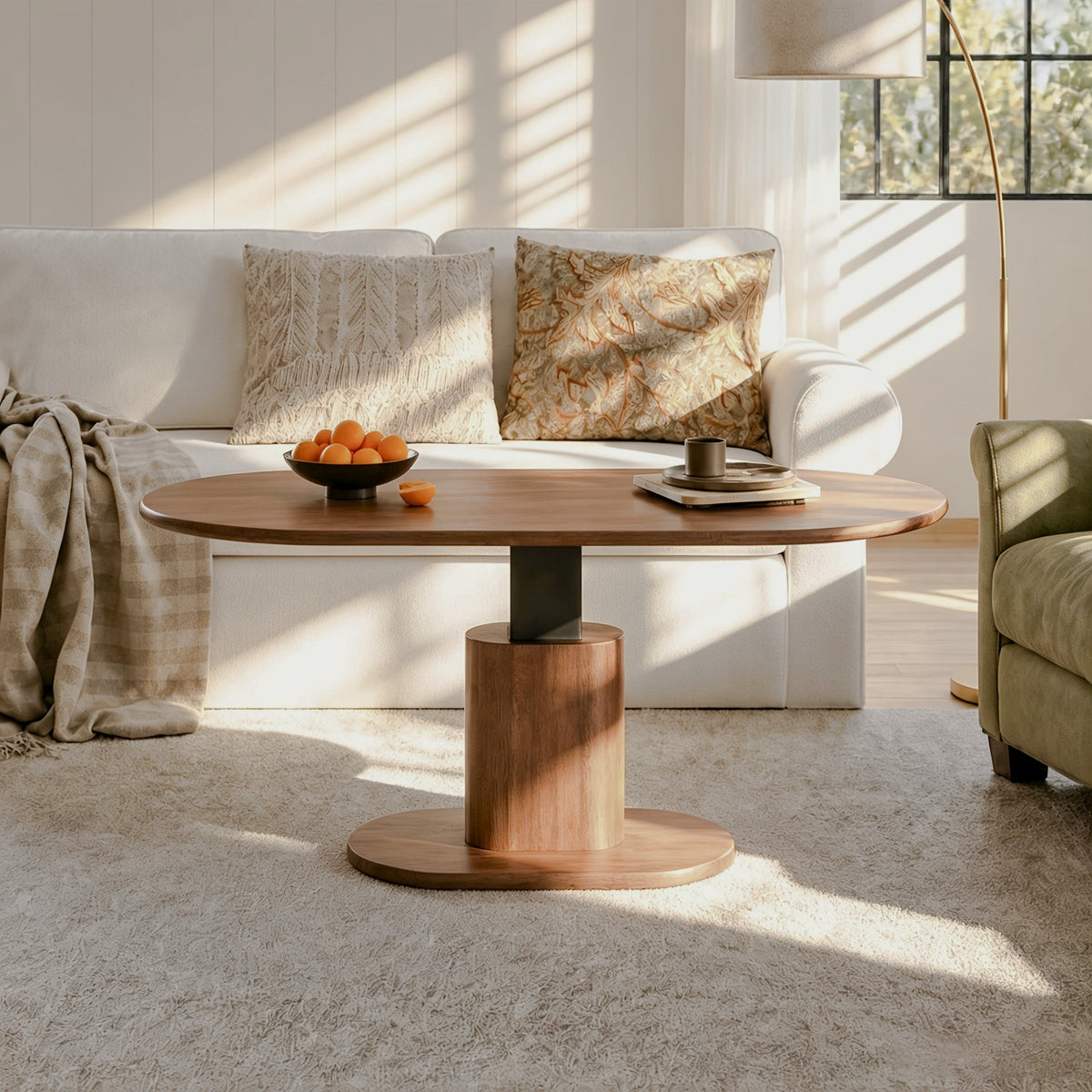 Oval Walnut-Look Height-Adjustable Coffee Table