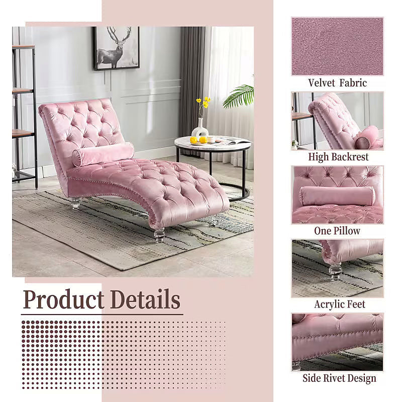 Pink velvet tufted chaise lounge with clear acrylic feet and a bolster pillow — velvet and tufting detail