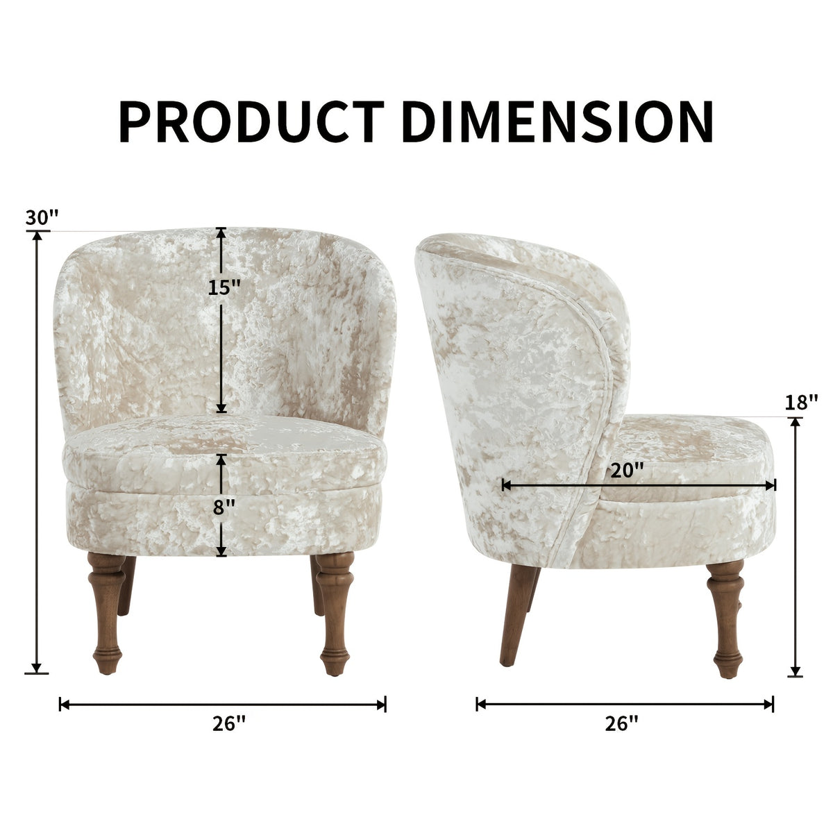 Crushed Velvet Accent Chair with Wood Legs — supplier dimension diagram.