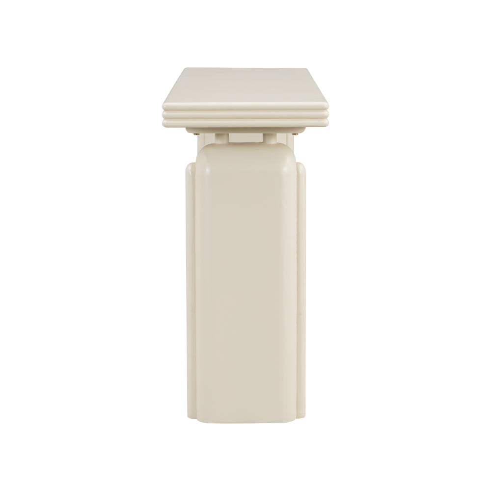 Side view of one Cream pedestal and the layered tabletop edge.