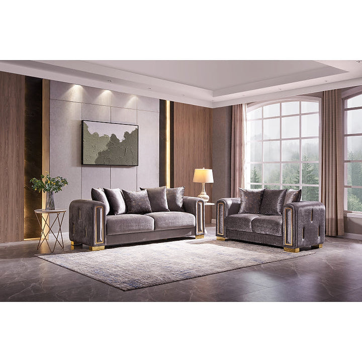 Impreza silver loveseat shown beside a coordinating sofa in a living room