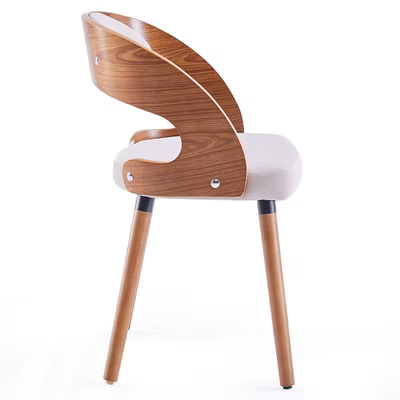 White upholstered dining chair with a curved brown wood look back