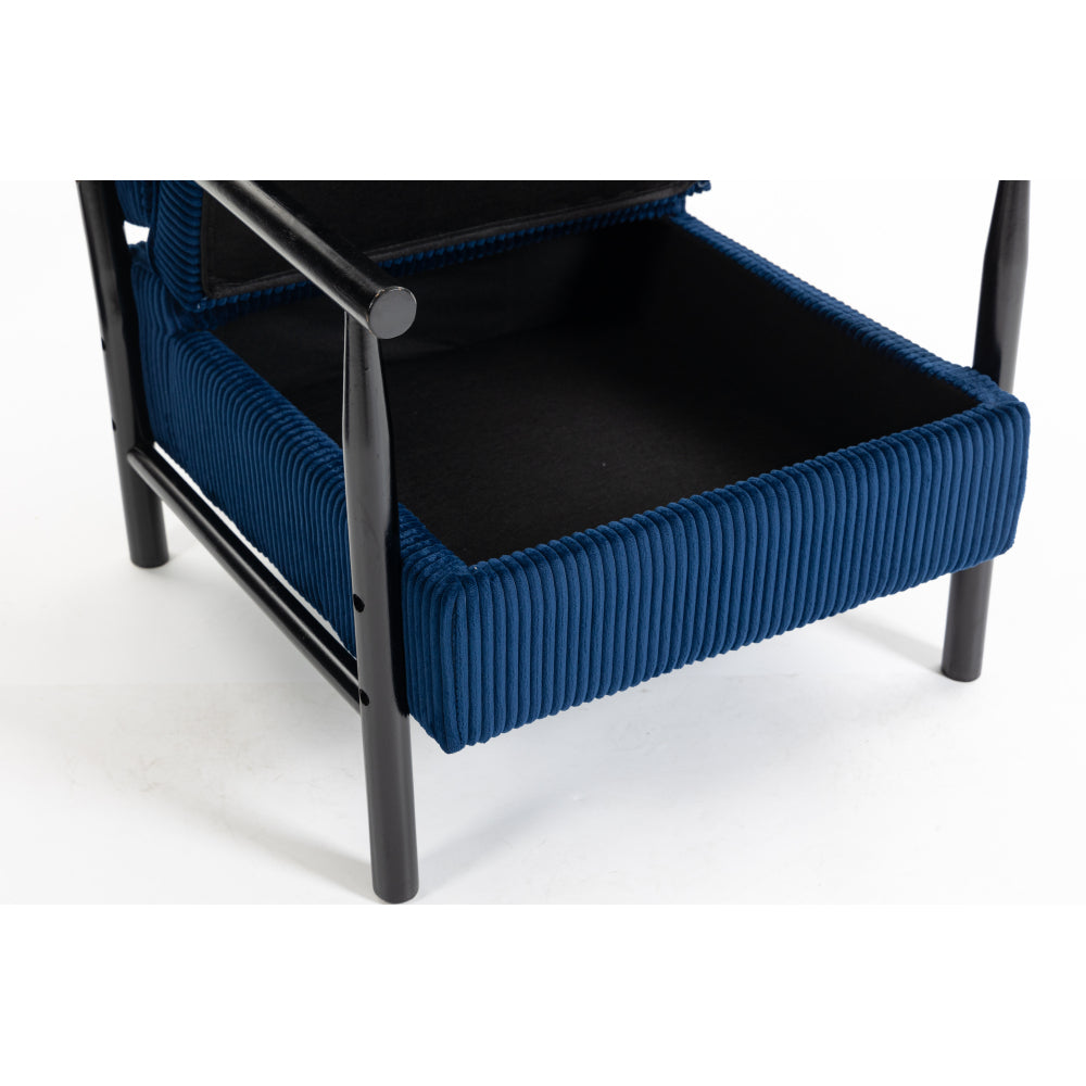 Navy Ribbed Accent Chair with Hidden Storage — lift-up seat showing hidden storage.