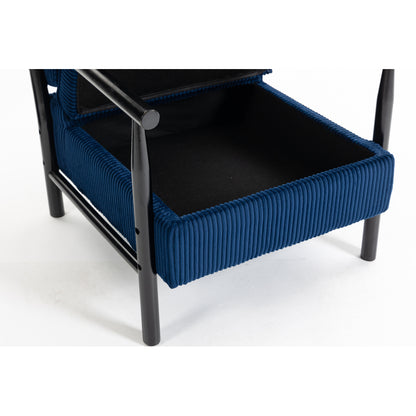 Navy Ribbed Accent Chair with Hidden Storage — lift-up seat showing hidden storage.