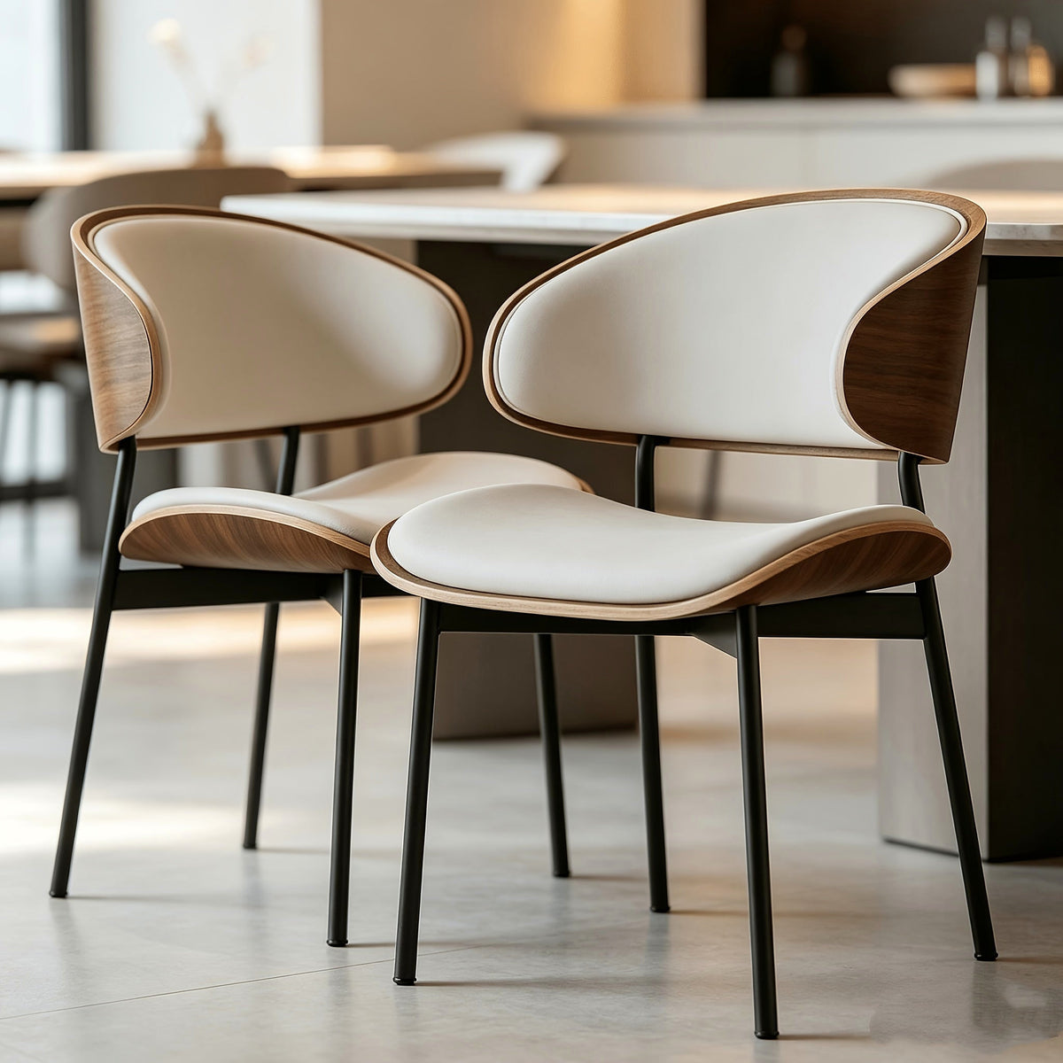 White bentwood faux leather dining chair with black metal legs