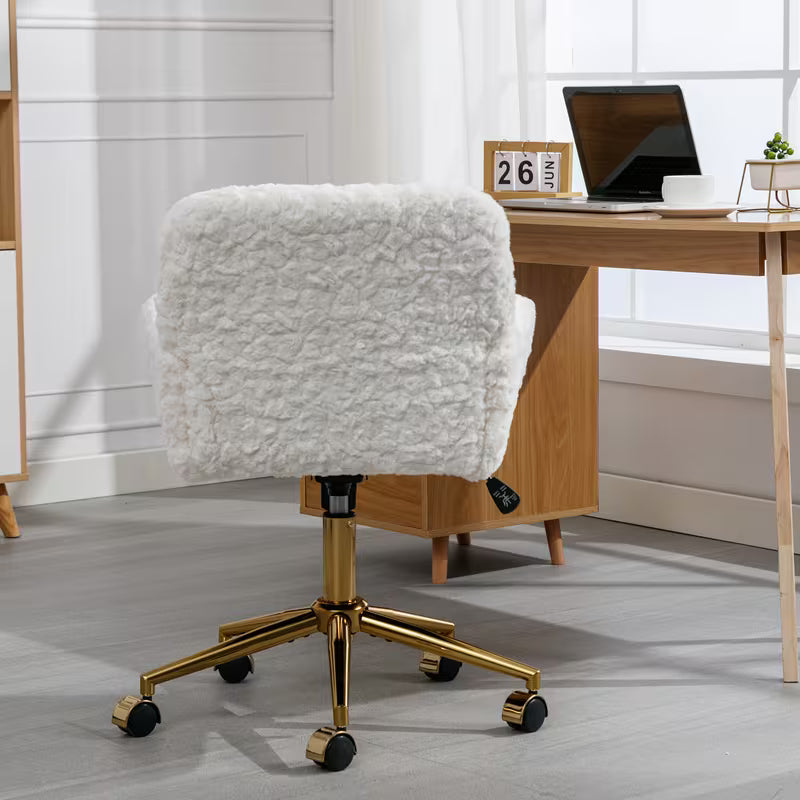 Rear view of the white faux alpaca desk chair in a home office
