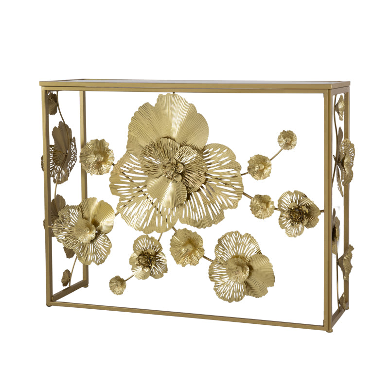 Front isolated view showing the console’s sculptural flower-filled rectangular frame.