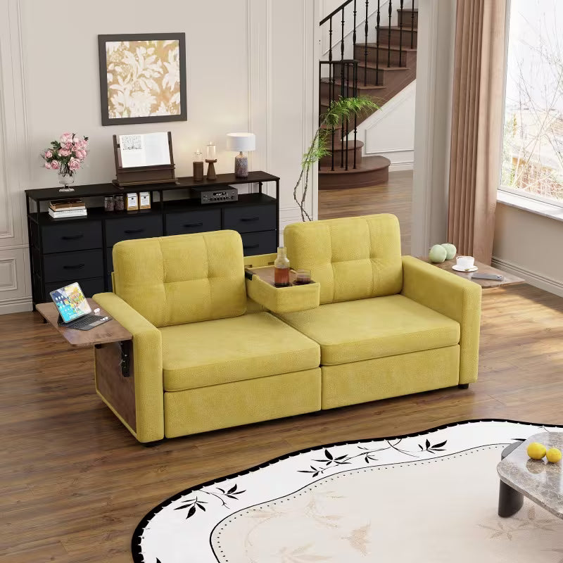 Chenille Storage Loveseat with Side Tables — fold-down tables and central cup holder console.