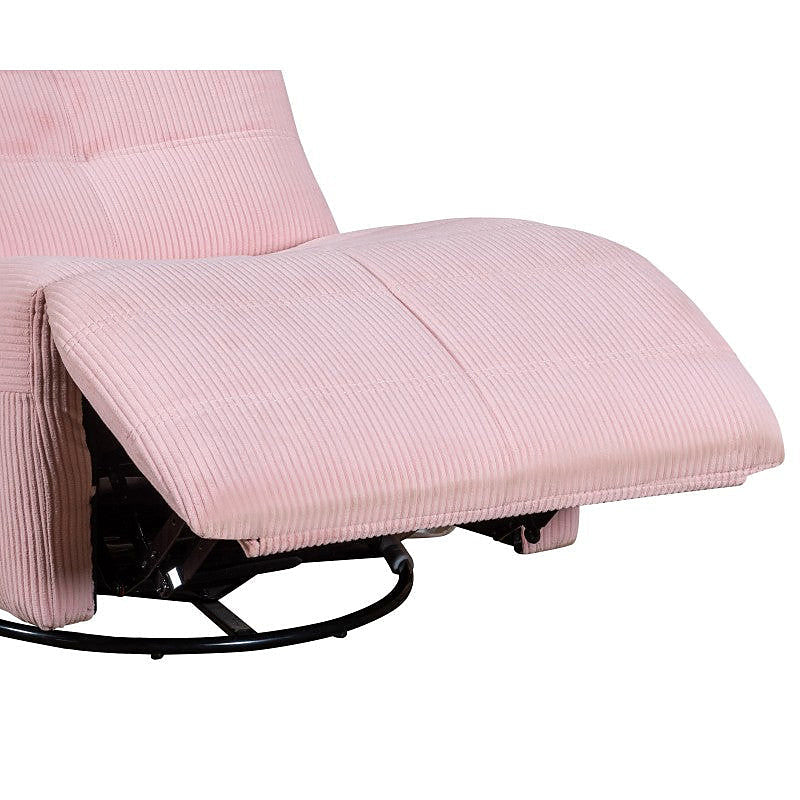 Georgena pink corduroy swivel glider recliner — extending footrest detail